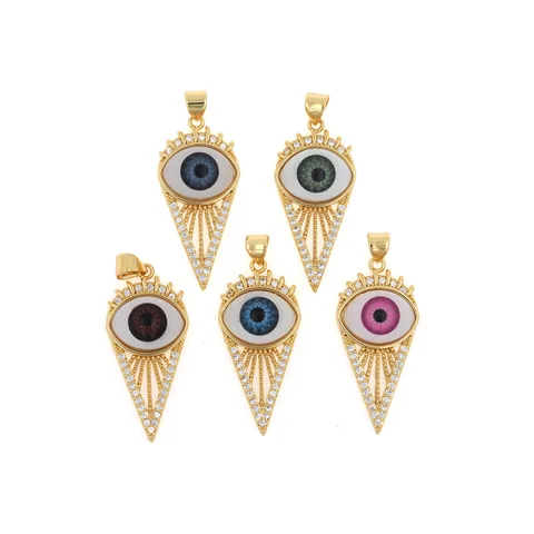 Vintage 18K Gold Plated Copper Evil Eye Pendant Only (Without Chain) With Zirconia Pyramid Inlaid DIY Jewelry Accessory