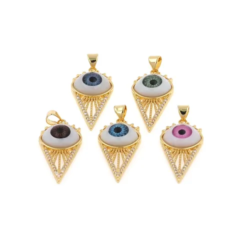 Vintage 18K Gold Plated Copper Evil Eye Pendant Only (Without Chain) With Zirconia Pyramid Inlaid DIY Jewelry Accessory