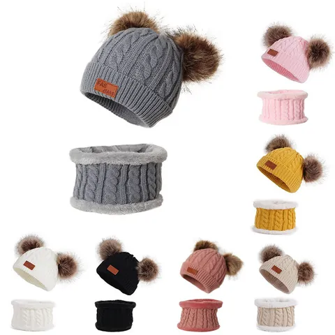 Winter Kids Knitted Hat and Scarf Set Baby Double Pom Poms Beanie Fleece Lined Warm Neck Warmer For Boys Girls
