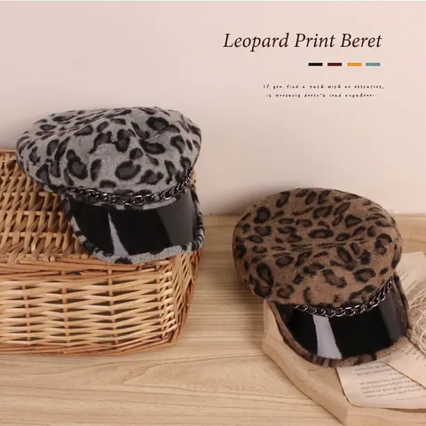 Berretto Newsboy da Bambino con Stampa Leopardata e Catena in Metallo Visiera in Vernice Cappello Baker Boy Autunno Inverno