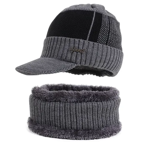 Men's Winter Knit Hat And Scarf Set Fleece Lined Thick Warm Beanie Hat With Brim Sport Metal Tag Outdoor Windproof Neck Warmer