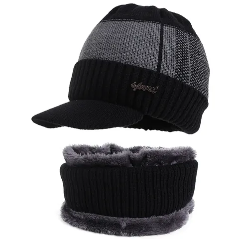 Men's Winter Knit Hat And Scarf Set Fleece Lined Thick Warm Beanie Hat With Brim Sport Metal Tag Outdoor Windproof Neck Warmer