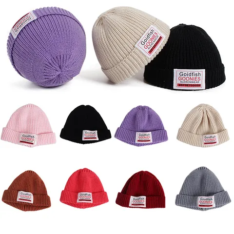 Kids Knitted Beanie Warm Winter Ribbed Cuffed Hat With Letter Cloth Label For Boys Girls Toddler Outdoor Casual Streetwear