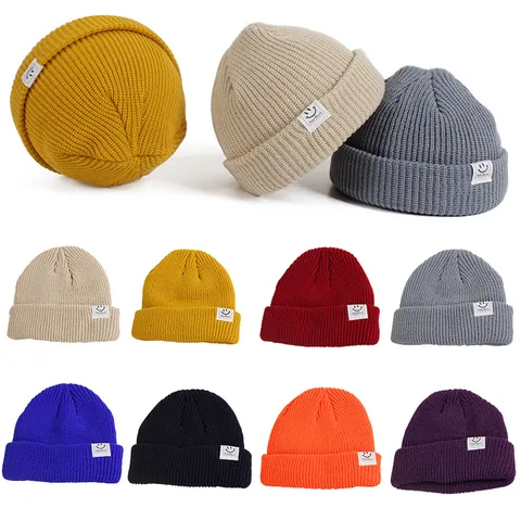 Kinder Strickmütze Winter Warm Gerippte Beanie Mit Lächelndem Gesicht Patch Für Jungen Mädchen Kleinkind Weiche Elastische Kopfbedeckung