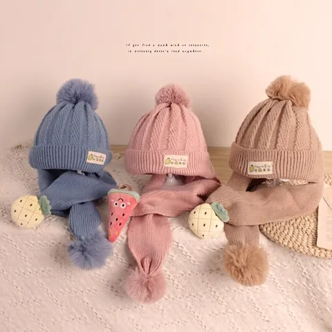 Kinder Strickmütze Und Schal Winter Warm Acryl Frucht Dekor Plüschball Beanie Für Kleinkinder Jungen Mädchen