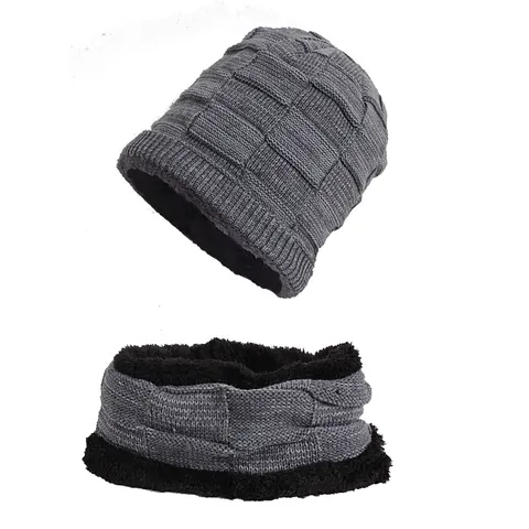 Men Winter Warm Knitted Beanie Hat And Scarf Set Acrylic Fleece Lined Thickened Checkerboard Knit Skull Cap Neck Warmer Outdoor