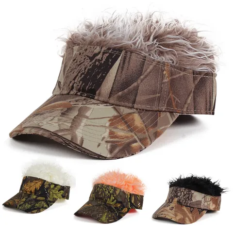 Unisex Novelty Camouflage Wig Visor Hat Breathable Cotton Adjustable Sun Cap With Spiky Hair For Outdoor Party Fun Gift