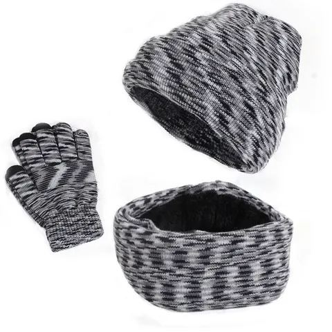 Bonnet en Tricot d'Hiver Cache-Cou Et Gants Tactiles Doublés en Polaire Accessoire Chaud d'Extérieur pour Hommes Femmes