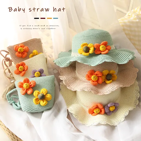 Kids Paper Straw Hat And Matching Bag Sunflower Sun Protection Beach Hat With Scalloped Edge Princess Style Girls Hat