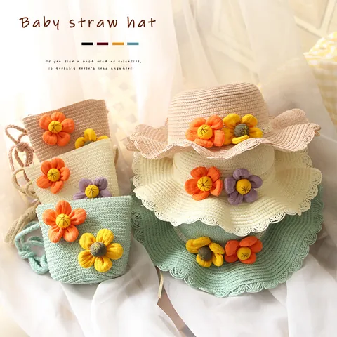Kids Paper Straw Hat And Matching Bag Sunflower Sun Protection Beach Hat With Scalloped Edge Princess Style Girls Hat