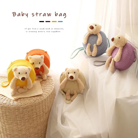 Simpatica Borsa a Tracolla in Paglia per Bambini con Decorazione a Orsetto di Peluche Borsa a Spalla Rotonda Intrecciata per Ragazzi Ragazze