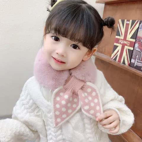 Kids Winter Warm Faux Fur Scarf Splicing Knit Diamond Plaid Cross Muffler For Boys Girls 1-6 Years Old