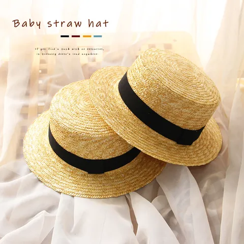 Cappello Boater in Paglia di Grano per Bambini a Cima Piatta Protezione Solare Spiaggia Con Fiocco Beige Cappello di Paglia