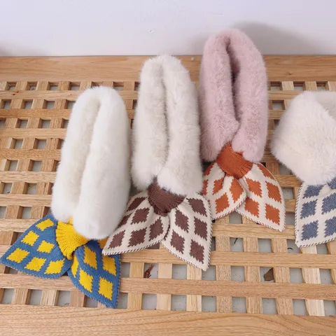 Kids Winter Warm Faux Fur Scarf Splicing Knit Diamond Plaid Cross Muffler For Boys Girls 1-6 Years Old