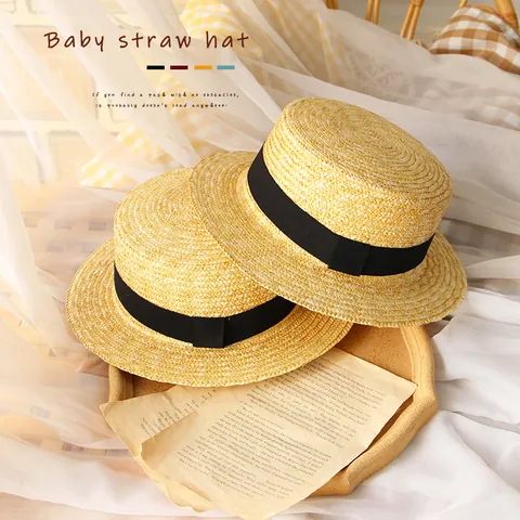 Cappello Boater in Paglia di Grano per Bambini a Cima Piatta Protezione Solare Spiaggia Con Fiocco Beige Cappello di Paglia