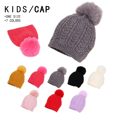 Kids Winter Cable Knit Beanie Hat With Faux Fur Pom Pom Warm Candy Color Crochet Cap For Toddler Baby Autumn Winter Outdoor