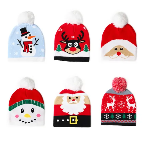 Kinderen Kerst Gebreide Muts Met Pompon Rendier Kerstman Sneeuwpop Patroon Warme Herfst Winter Muts Voor Jongens Meisjes