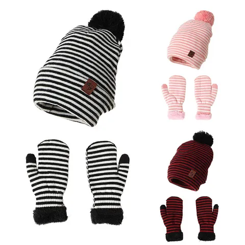 Juego De Gorro Y Guantes De Invierno De Punto Rayas Para Niños Juego Térmico Cálido Con Pompones Para Niños Niñas Aire Libre