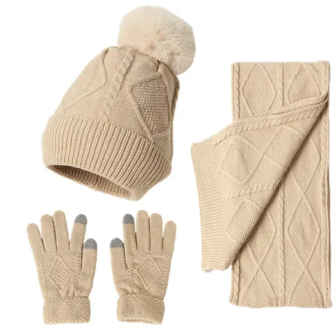 Winter Knitted Beanie Hat Long Scarf And Touchscreen Gloves Pom Pom Thick Warm Acrylic Cold Weather Accessories For Women
