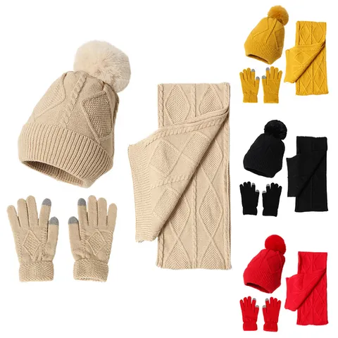 Winter Knitted Beanie Hat Long Scarf And Touchscreen Gloves Pom Pom Thick Warm Acrylic Cold Weather Accessories For Women