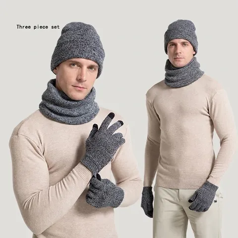 Gorro De Punto Calentador De Cuello Y Guantes Táctiles Invierno Cálido Acrílico Color Sólido Jaspeado Adultos Accesorio Para El Frío