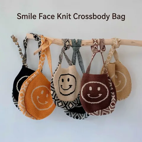 Kids Smiley Face Knitted Crossbody Bag Korean Style Crochet Shoulder Bag For Toddlers Children Yarn Handwoven Coin Purse
