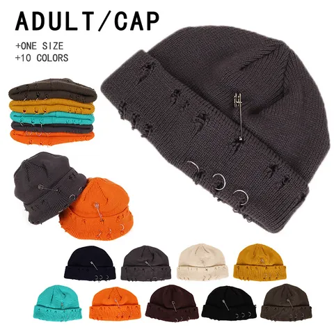 Distressed Cotton Blend Knit Beanie Hat With Metal Rings And Safety Pin Punk Streetwear Warm Winter Skull Cap For Adult Unisex