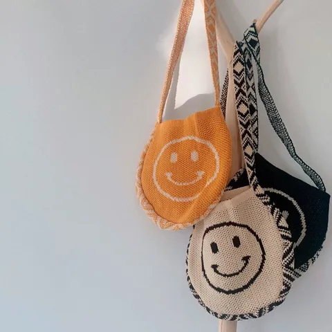 Kids Smiley Face Knitted Crossbody Bag Korean Style Crochet Shoulder Bag For Toddlers Children Yarn Handwoven Coin Purse