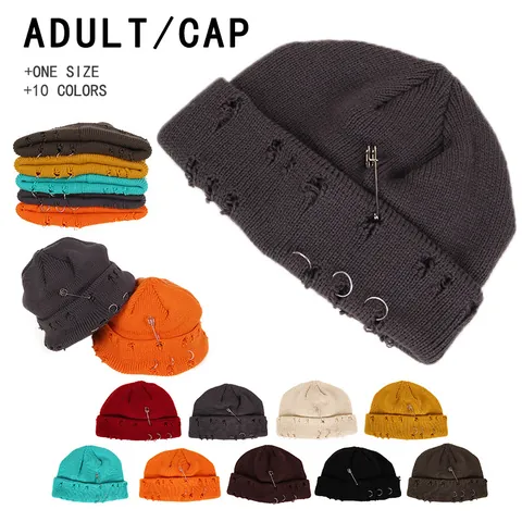 Distressed Cotton Blend Knit Beanie Hat With Metal Rings And Safety Pin Punk Streetwear Warm Winter Skull Cap For Adult Unisex