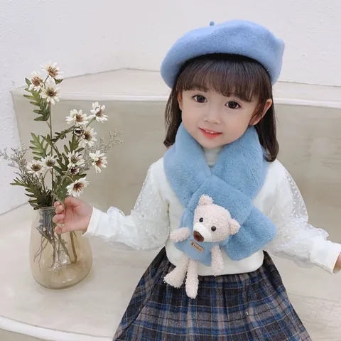 Kids Faux Fur Plush Scarf With 3D Cartoon Bear Soft Warm Neck Warmer For Toddler Boys Girls Winter Autumn Accessories