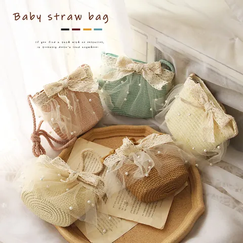 Toddler Baby Girls Sweet Paper Straw Crossbody Bag Hand-Woven Lace Bow Pearl Mesh Small Shoulder Bag For Summer Vacation