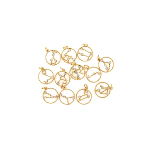 Gold Plated Copper Zodiac Pendant Micro Inlaid Zirconia Round Constellation Charms For DIY Jewelry Making Accessories Pendant Only