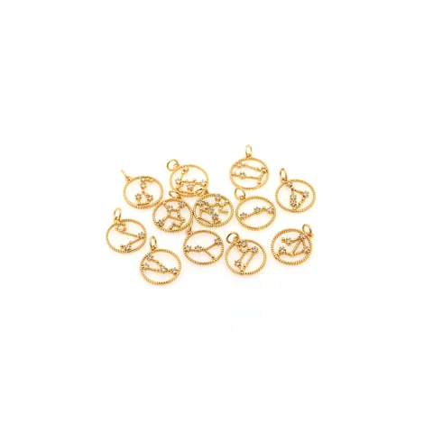 Gold Plated Copper Zodiac Pendant Micro Inlaid Zirconia Round Constellation Charms For DIY Jewelry Making Accessories Pendant Only