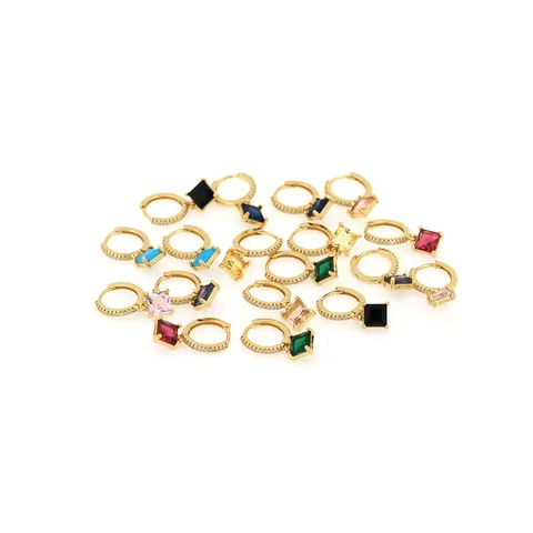 18K Gold Plated Copper Zirconia Colorful Square Gemstone Hoop Drop Earrings For Women Elegant Retro Fashion Jewelry Gift