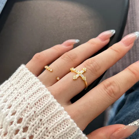 Elegant S925 Sterling Silver Cross Ring For Women Sparkling Rhinestone Pave Stackable Adjustable Open Finger Ring Jewelry Gift