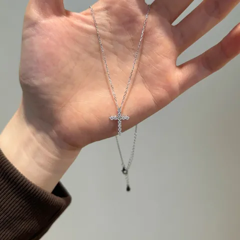 925 Sterling Silver Cross Necklace For Women Sparkling Zirconia Inlaid Pendent Necklaces French Light Luxury Clavicle Chain
