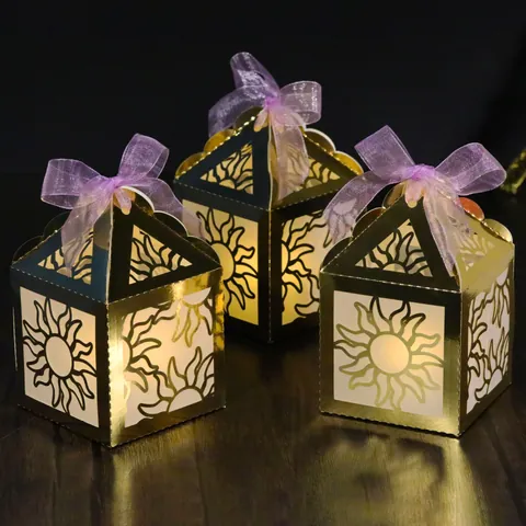 Sun Hollow Laser Cut Paper Gift Box With Purple Ribbon Reflective Gold Wedding Party Favor Hollow Candy Box Lantern Style