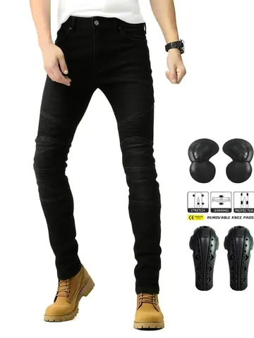 Jeans da Moto da Uomo Distressed Biker Pantaloni in Denim Con Protezioni Rimovibili Retro Slim Fit Pantaloni da Ciclismo