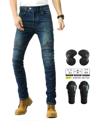 Jeans da Moto da Uomo Distressed Biker Pantaloni in Denim Con Protezioni Rimovibili Retro Slim Fit Pantaloni da Ciclismo