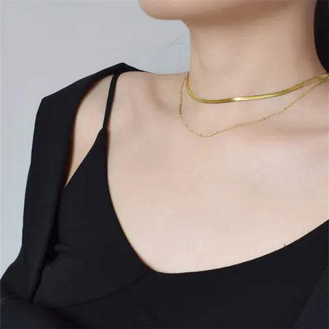 Minimalist Alloy Double Layer Necklace For Women Gold Silver Snake Bone Chain Bead Clavicle Chain Set Fashion Jewelry Gift
