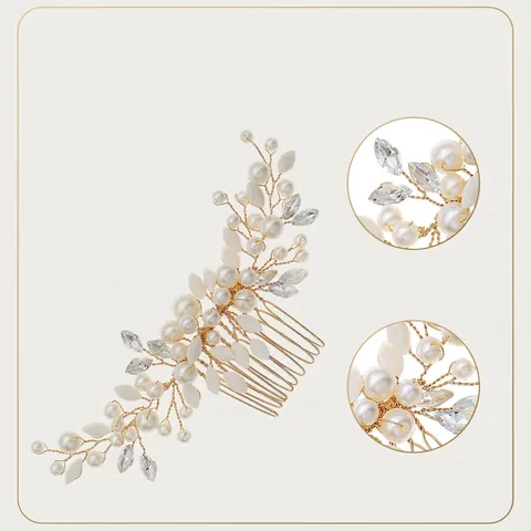 Pettine per Capelli in Perle Artificiali e Strass Fatto a Mano Sposa Matrimonio Foglia Vite Oro Pettine Nicchia Lusso