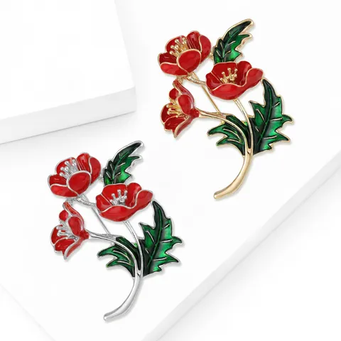 Exquisite Enamel Red Poppy Flower Brooch For Women Gold Plated Alloy Green Leaf Botanical Brooch Pin Dress Suit Accessory