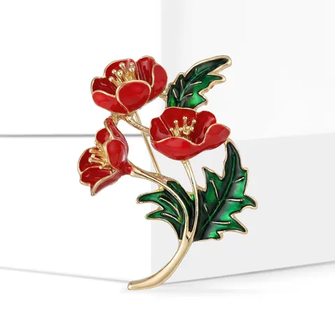 Exquisite Enamel Red Poppy Flower Brooch For Women Gold Plated Alloy Green Leaf Botanical Brooch Pin Dress Suit Accessory