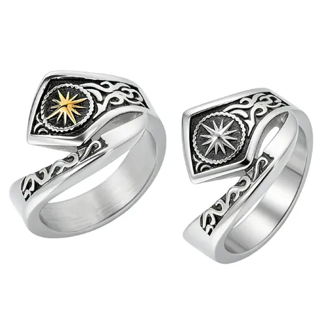 Anillo Vintage de Acero de Titanio Dios del Sol Estrella Escudo para Hombre Punk Gótico Patrón de Relieve Joyería