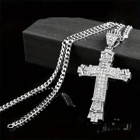 Hip Hop Men's Zinc Alloy Iced Out Cross Pendant Necklace Gold Silver Plated Rhinestone Cuban Link Chain Fashion Jewelry