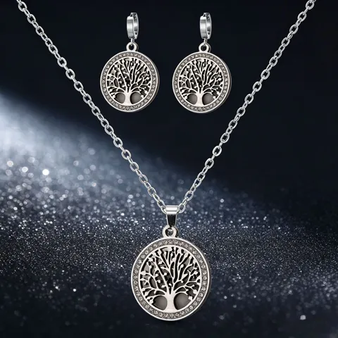 Bohemian Albero Della Vita Gioielli Collana E Orecchini In Acciaio Inossidabile Tonalità Argento Strass Ciondolo Tondo Orecchini Donna