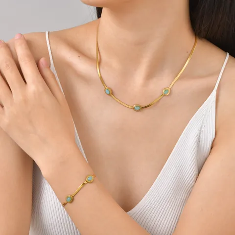 Collar de Cadena de Serpiente de Acero Inoxidable Turquesa Vintage Minimalista Piedra Turquesa Incrustada Oro Joyería de Collar para Mujer