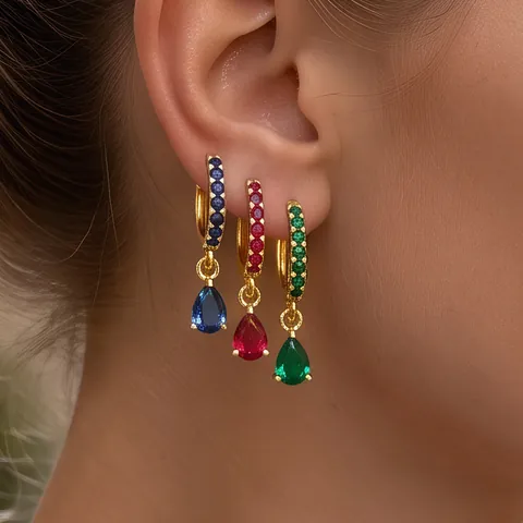 French Light Luxury Waterdrop Drop Earrings Copper Gold Plated With Colorful Zirconia Elegant Jewelry For Women
