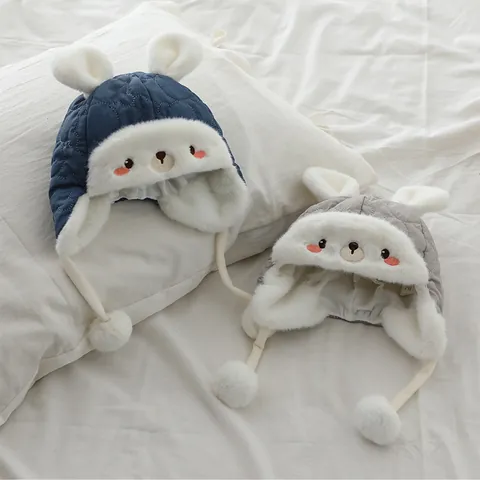 Baby Winter Trapper Hat Cute Rabbit Ear Quilted Fleece Lined Earflap Cap With Pompom For Infants Boys Girls Toddlers