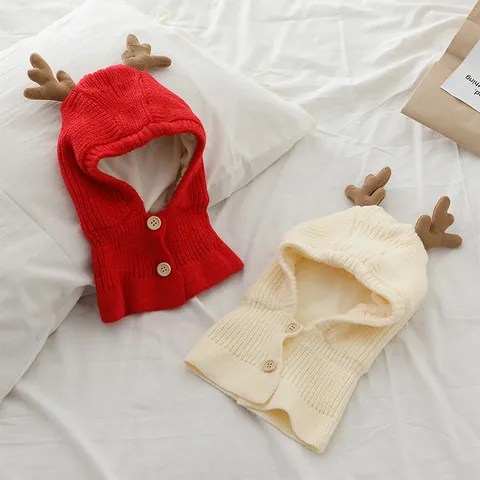 Bambini Inverno Maglia Passamontagna Cappello Con Corna Di Cervo Foderato In Pile Caldo Cappuccio Sciarpa Per Neonati Natale Cartone Animato Carino Cappello In Maglia